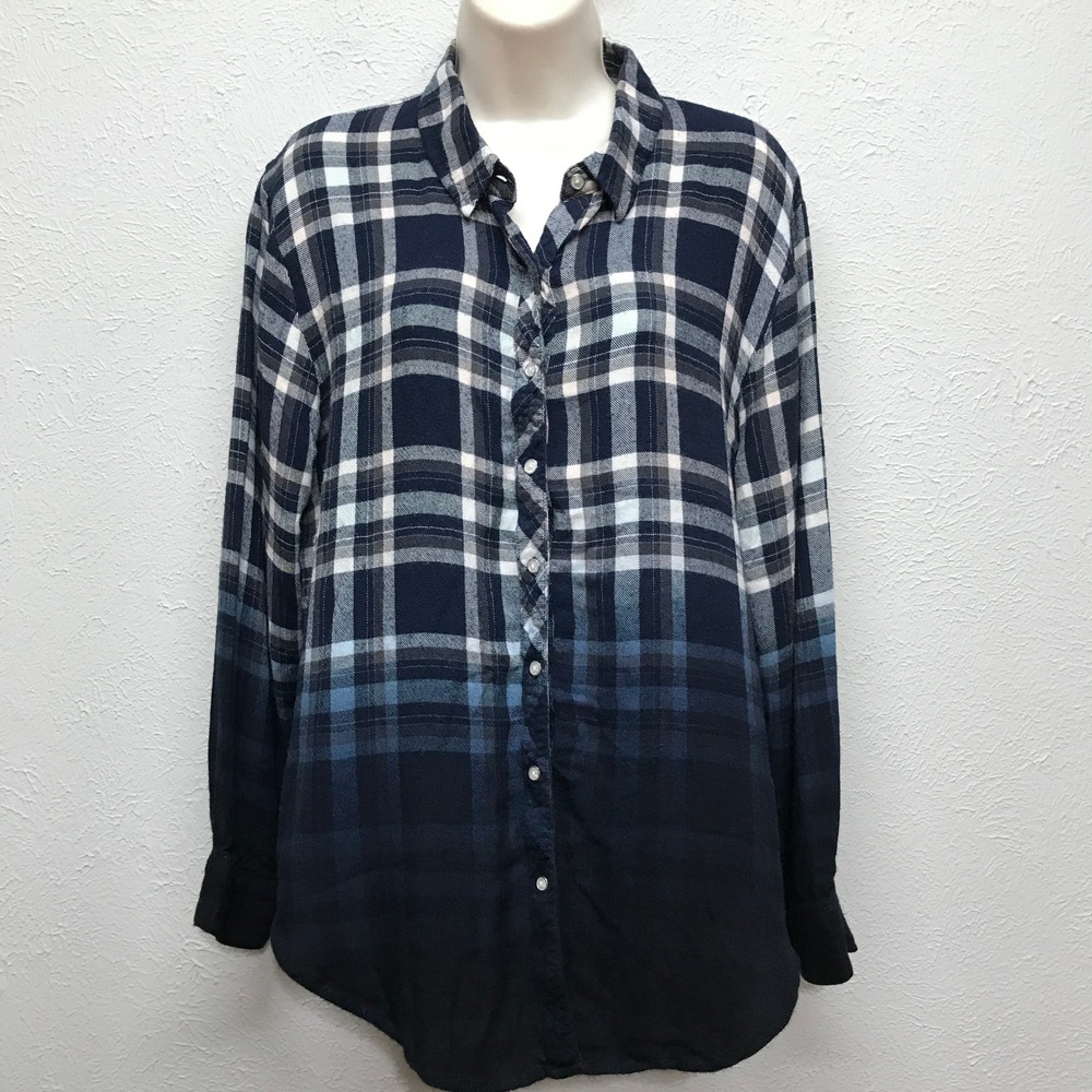 White Crow Ombre Plaid Button Down Shirt Medium M Blue Dip Dye Rayon Ultra Soft